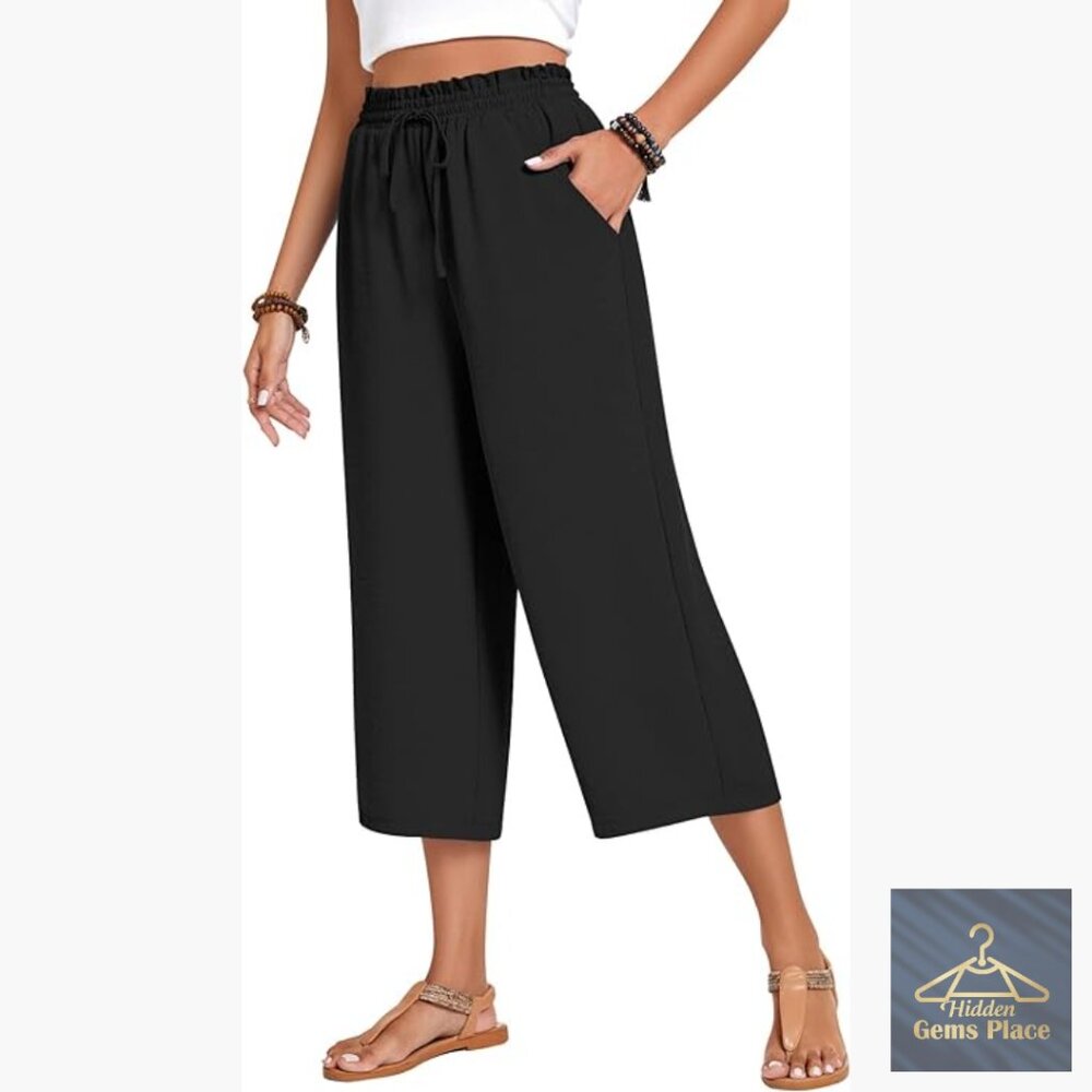Wide Leg Capri Pants High Waist Drawstring Casual Lounge Palazzo Trousers